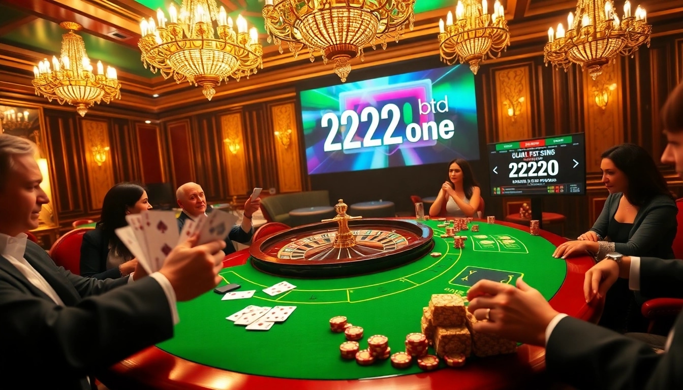 Experience the thrill of 222bd one with players engaging at a vibrant poker table in a luxurious casino.