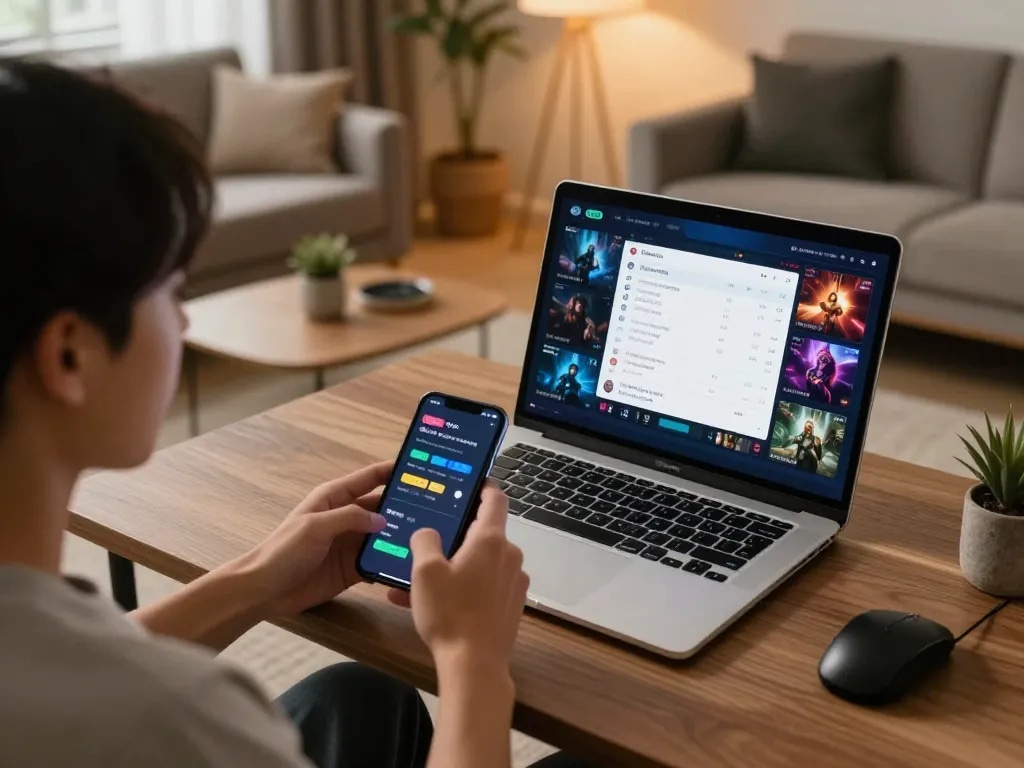 Engaging with E2BET on mobile and laptop, encapsulating modern online gambling.