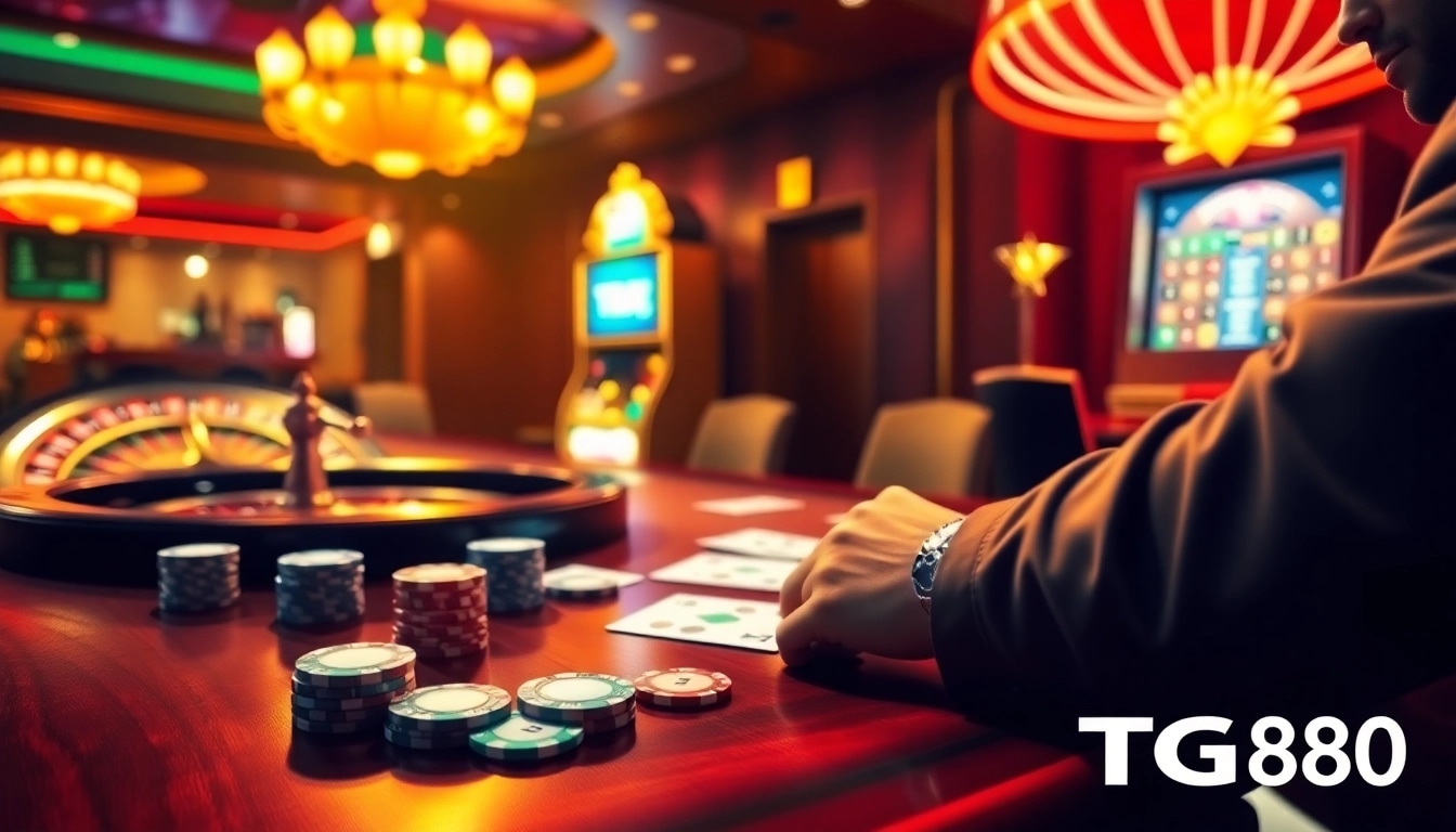 Exciting gameplay at TG88 casino featuring vibrant poker chips, cards, and a roulette wheel.