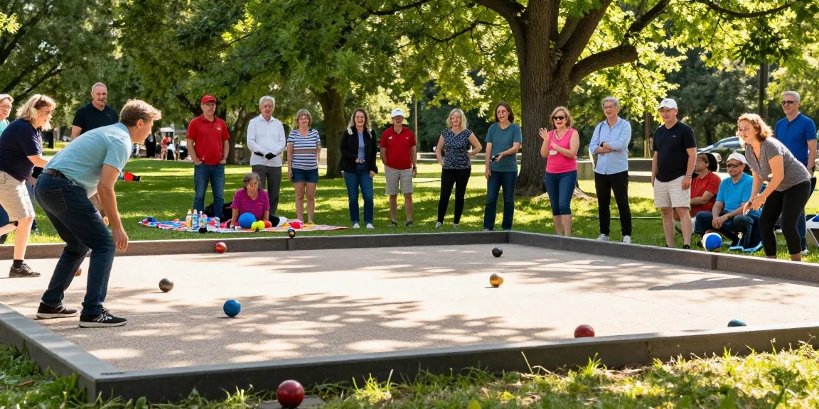 A dynamic petanque match scene at fopikotabontang.org, showcasing players in action and community outdoor engagement.