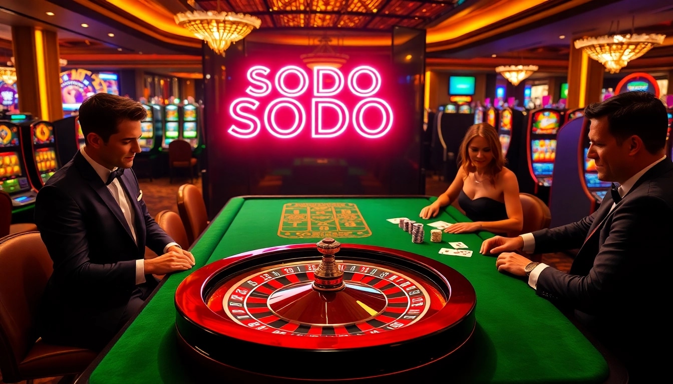 SODO66 casino table with poker chips and a roulette wheel, showcasing an exciting gambling atmosphere.