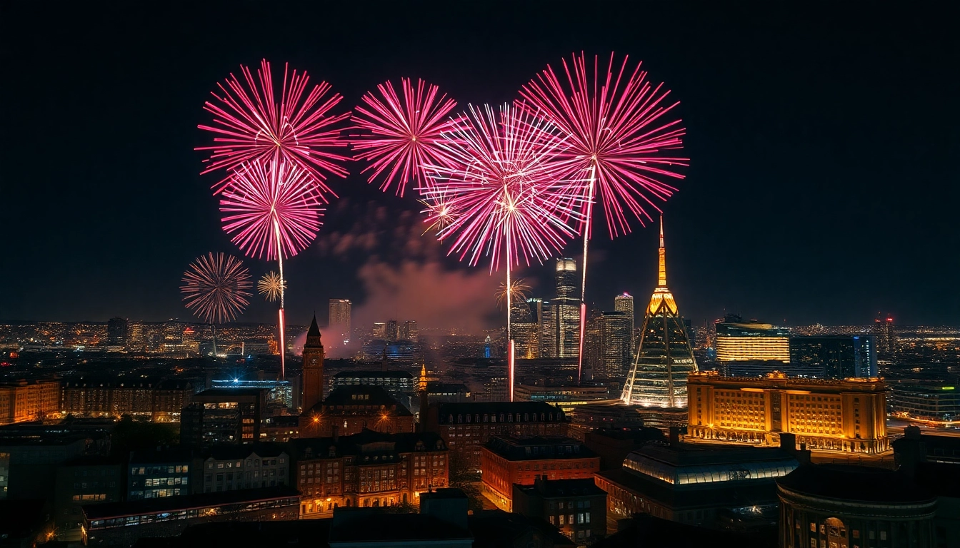 Celebrate Manchester fireworks illuminating the city skyline with vibrant bursts of color.