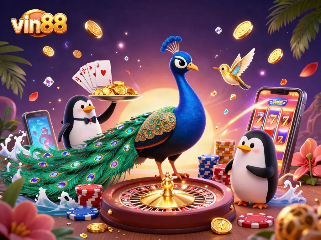 Experience the excitement of vin88 with vibrant casino characters and dynamic game elements in a captivating illustration.
