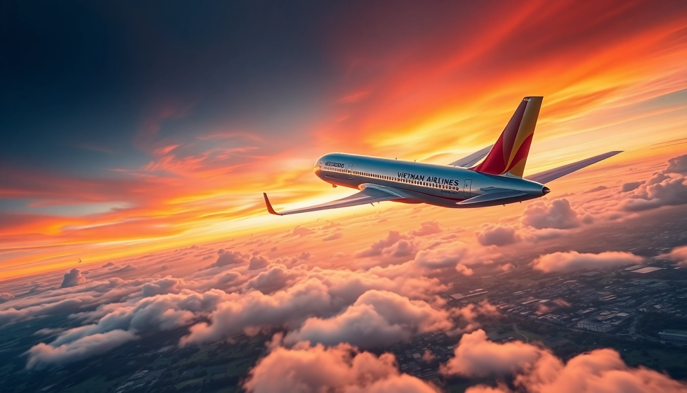 Vietnam Airlines VN168 flight soaring over vivid landscapes at sunset.