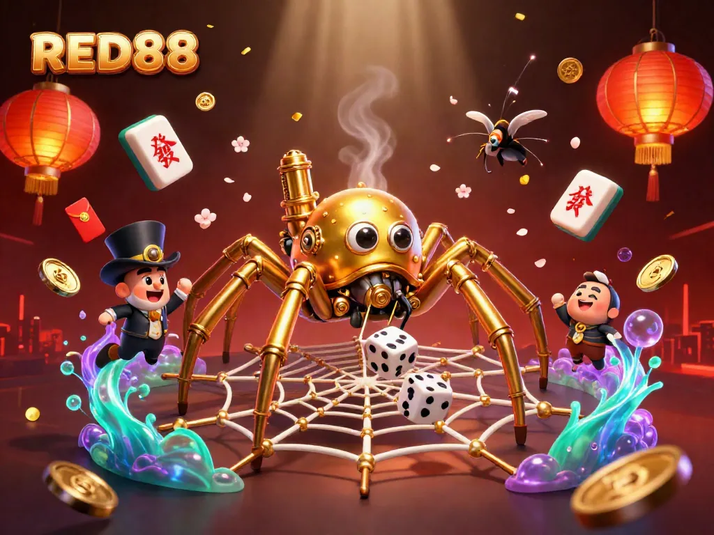 Experience thrilling gameplay at RED88, featuring immersive elements like a steampunk spider and poker chips.