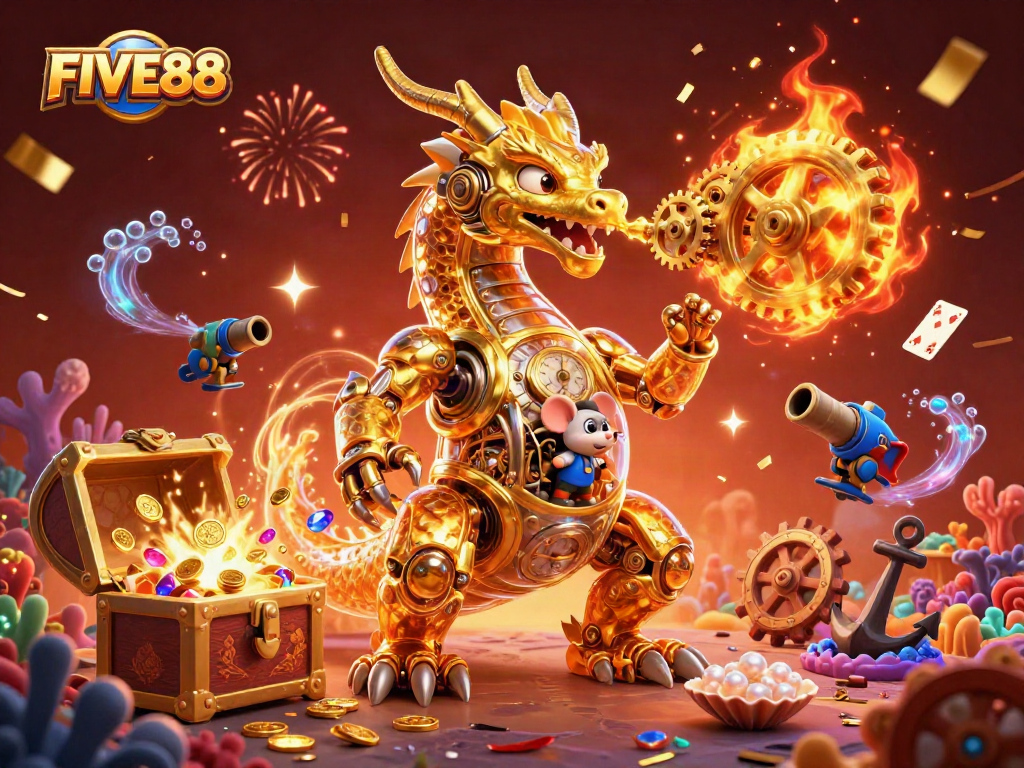 Engage with FIVE88 immersive casino gaming featuring a golden dragon and vibrant treasures.