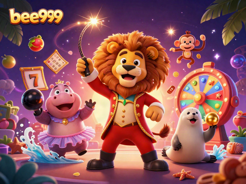Experience the thrill of bee999 with a vibrant 3D circus-themed casino illustration showcasing iconic games.