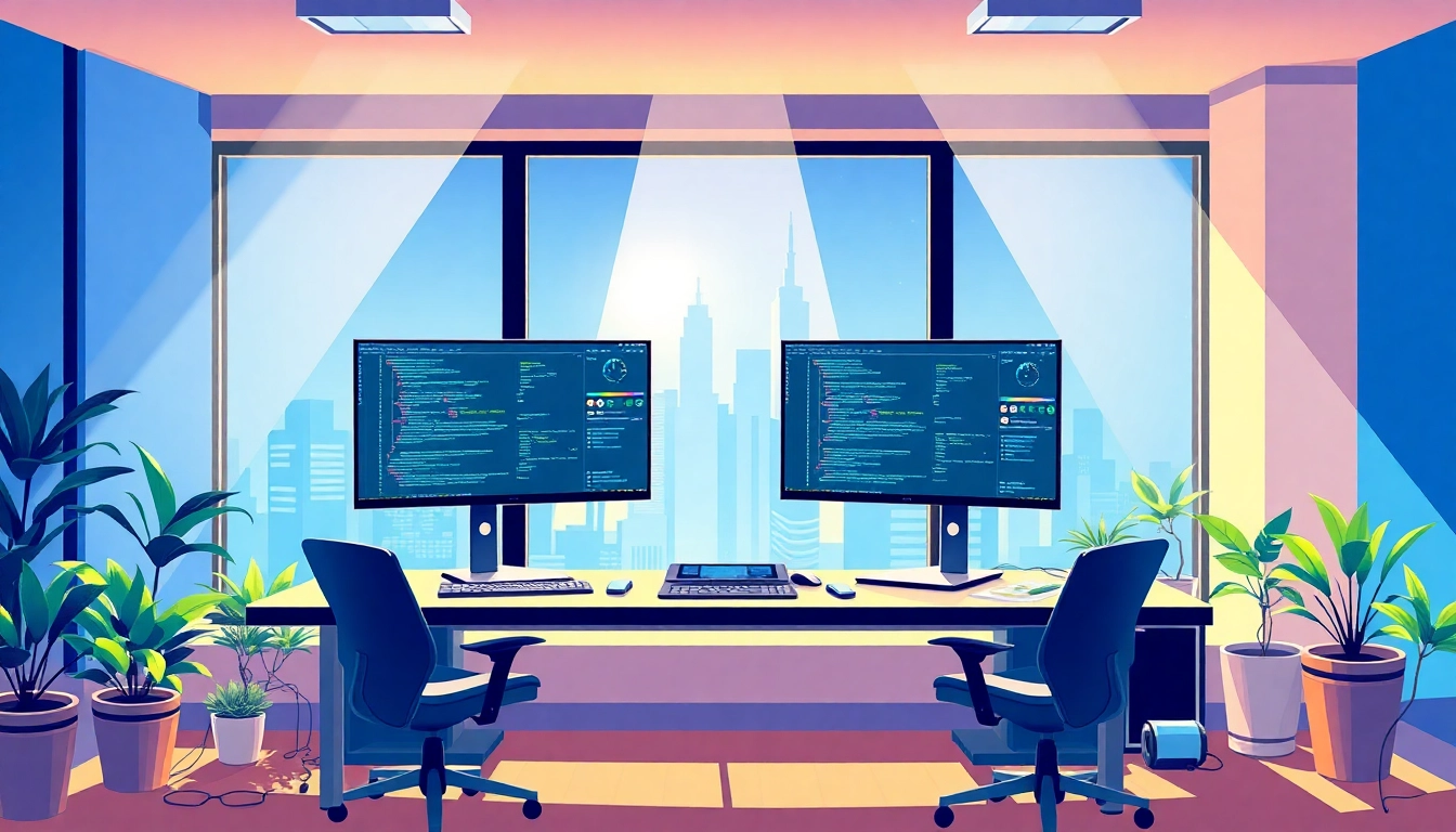 Innovative workspace showcasing application development tools and coding interfaces.