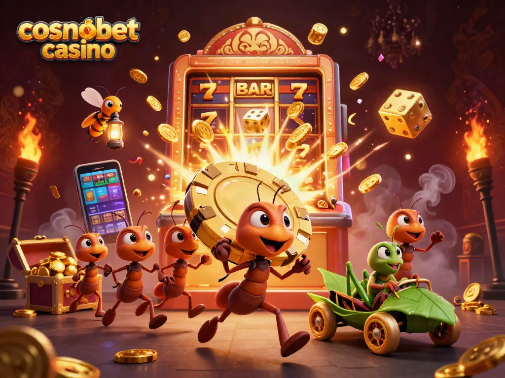 Experience thrilling action at cosmobet casino with a cartoon heist scene featuring ants, golden chips, and big wins!
