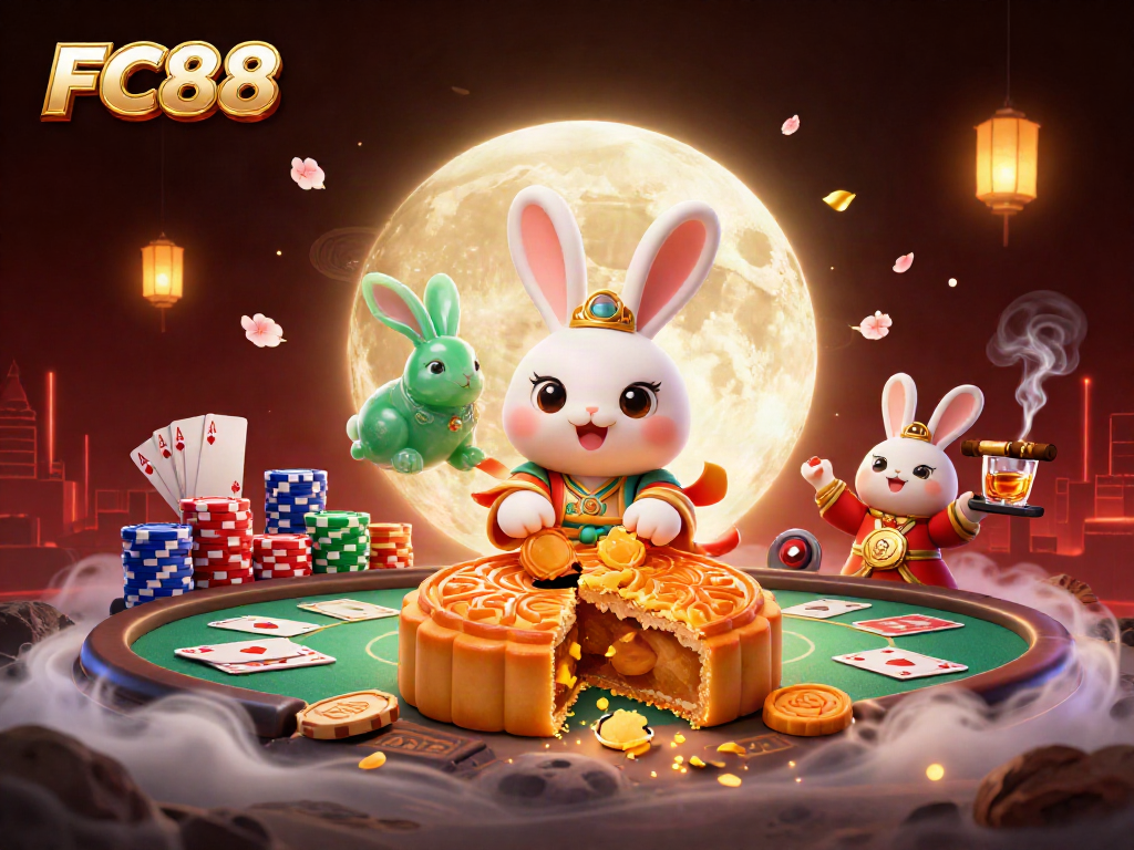 FC88 showcases the moon rabbit revealing poker chips, embodying the thrill of online gambling.