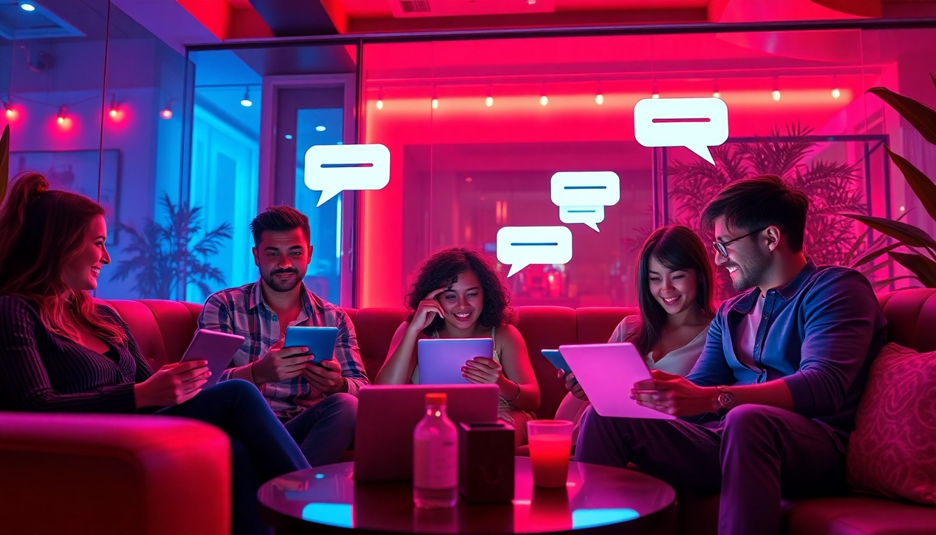 Engaging sexchat scene in a cozy virtual lounge with diverse characters chatting.