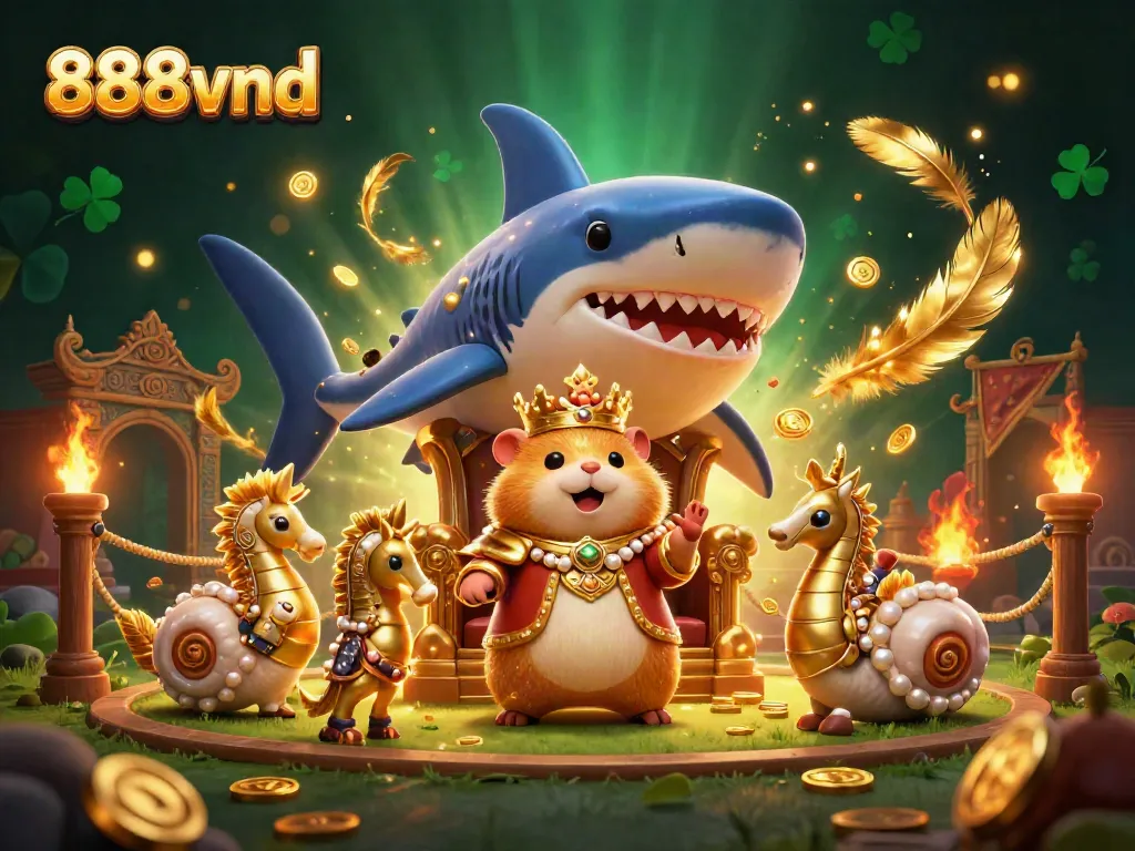 Experience the excitement of 888vnd with a dynamic golden hamster king and vibrant casino elements.