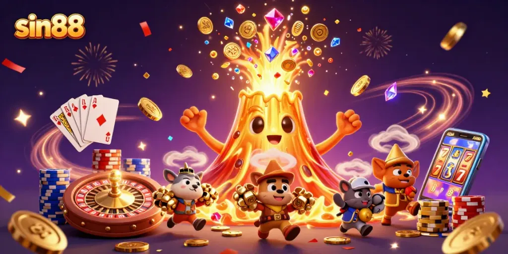 Experience the thrill of sin88 with a vibrant 3D scene showcasing a golden volcano erupting treasures.
