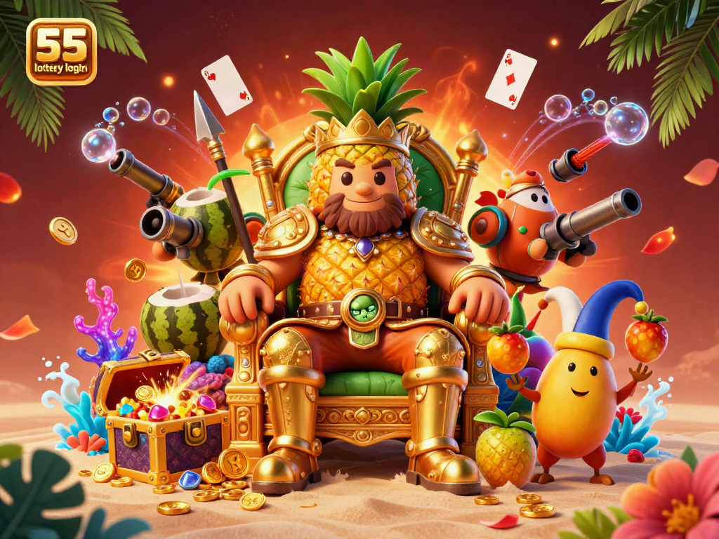 Engage with the vibrant scene of 55 lottery login featuring characters in a beach casino with gold coins and cards.