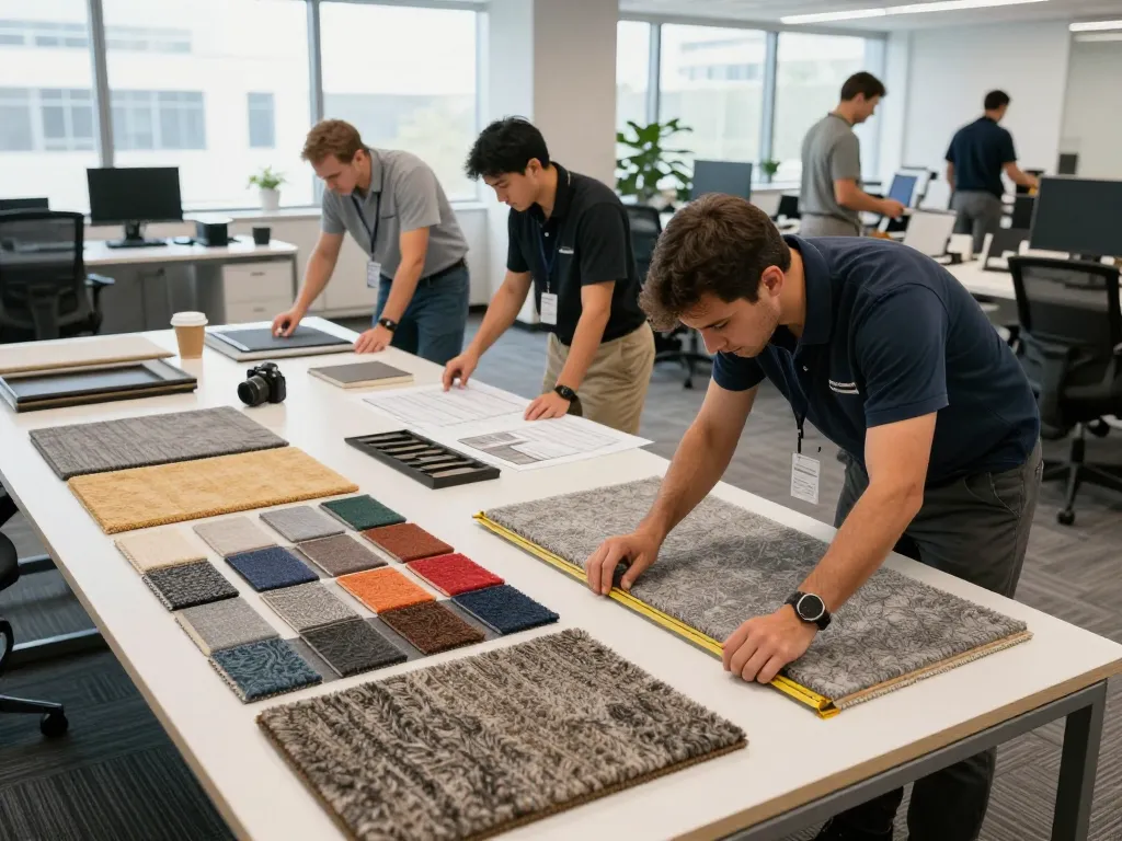 Commercial carpet installation with skilled technician cutting tiles in a modern office.