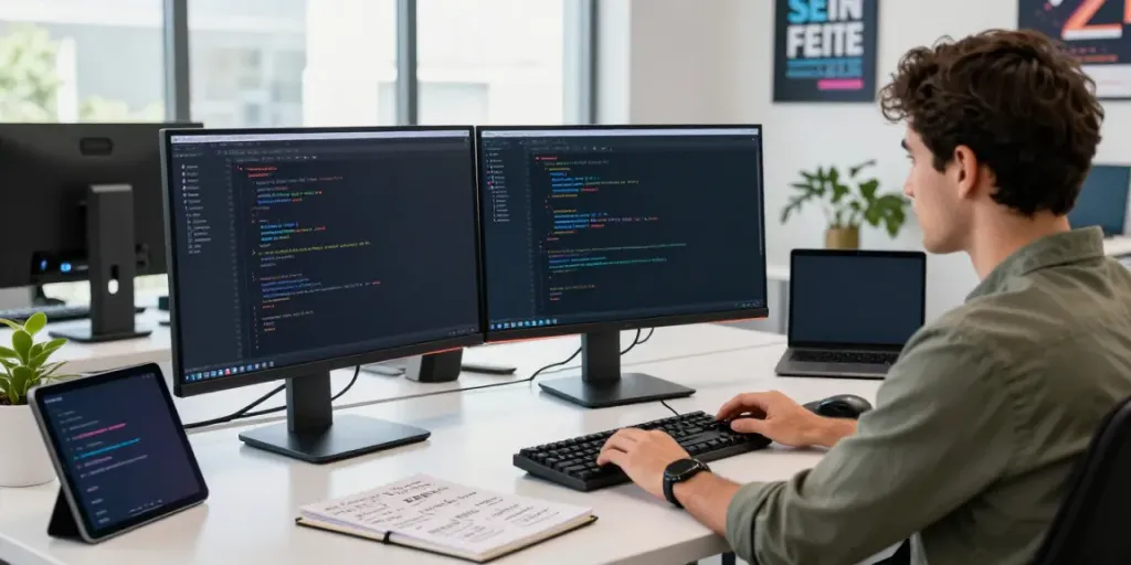 Developer using instant indexing tools in a modern tech workspace