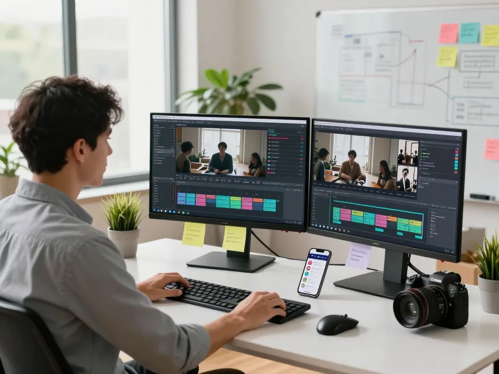 Video to prompt workspace showcasing video analysis software with AI prompts, inviting digital environment.