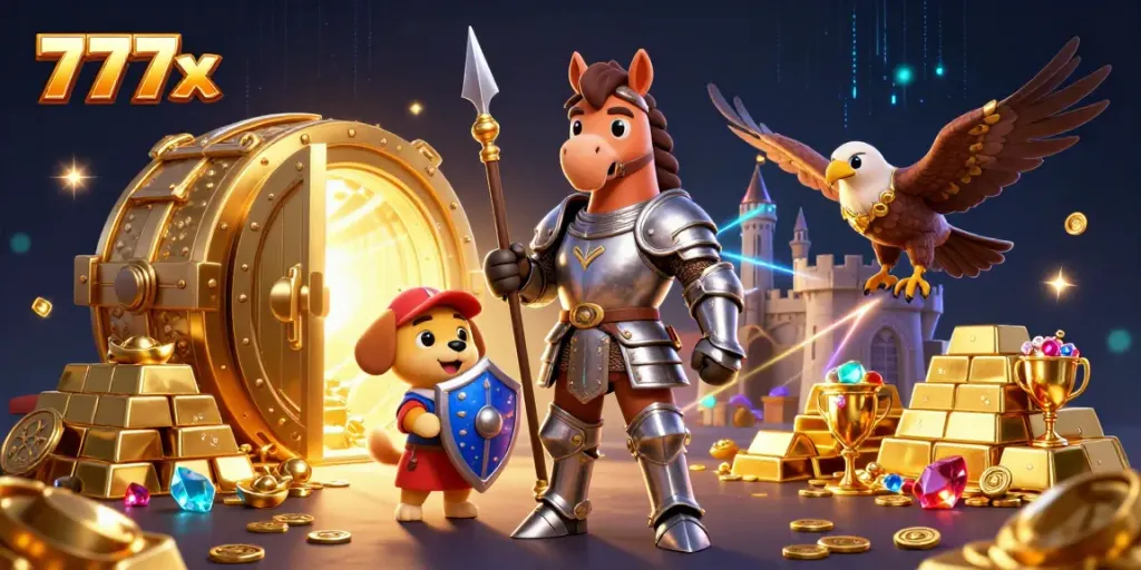 Experience thrilling gameplay at 777x surrounded by riches in this vibrant casino scene.