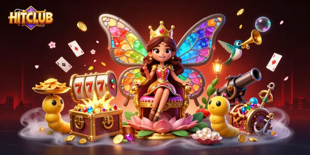 Experience the excitement of HITCLUB slots with a captivating butterfly queen and colorful gems!