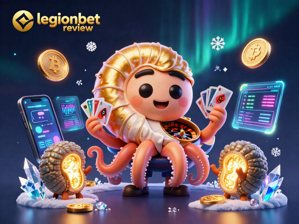 Spin the roulette with the giant nautilus in this legionbet review illustration, featuring glowing crypto coins.