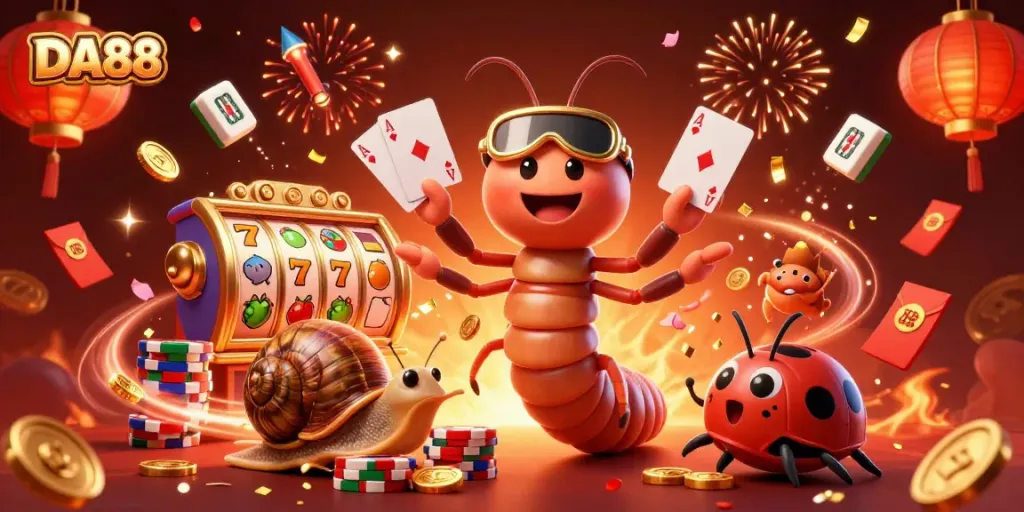 Engage with DA88's thrilling slot experience featuring a vibrant casino scene with lively characters.