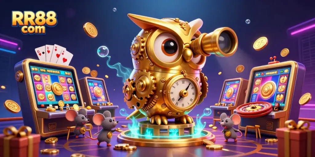 Engage with RR88 com through this vibrant casino illustration of a golden owl and dynamic game elements.