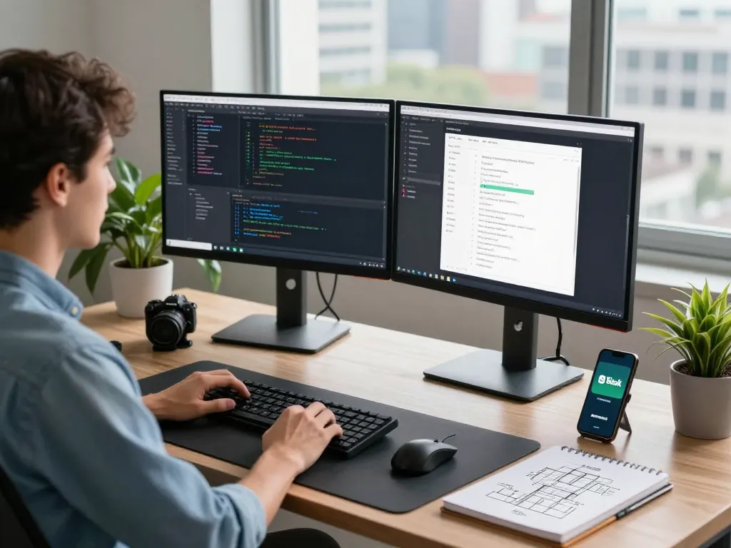 open claw software development workspace with dual monitors and coding elements