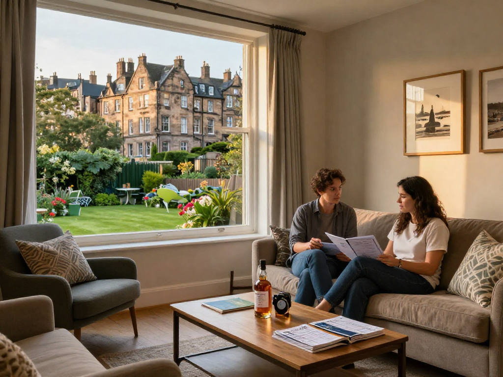 Charming setting for short term lets edinburgh, featuring a stylish living room and garden, inviting atmosphere for guests.