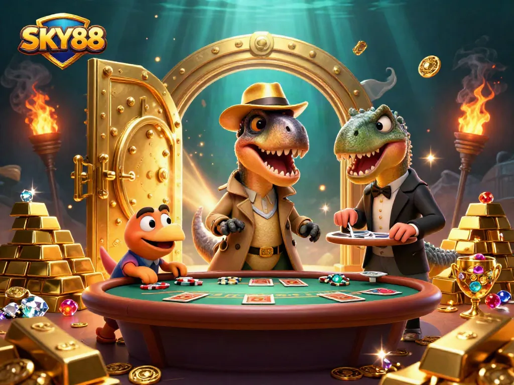 Experience the thrill of SKY88 with a vibrant casino scene featuring dinosaurs and treasures.