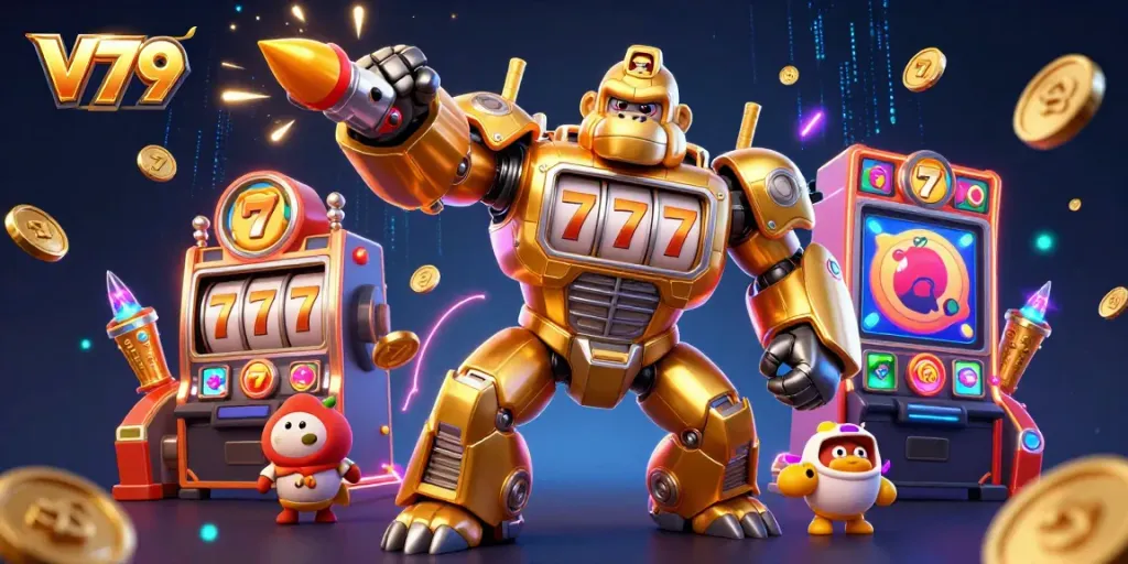Experience V79 thrills with the dynamic golden gorilla mech amidst slot machine elements and coins.