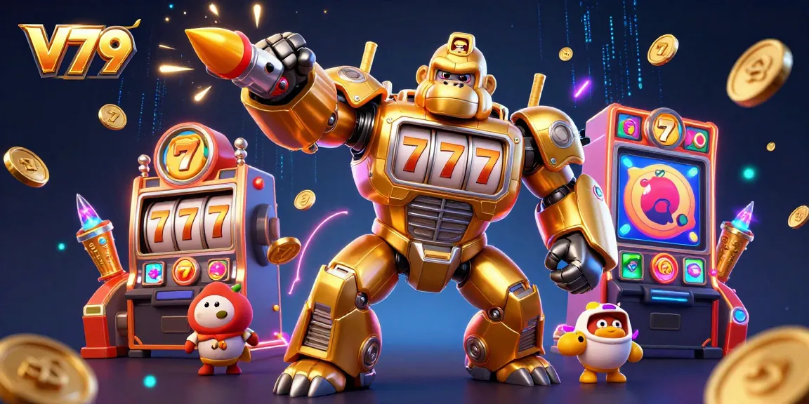Experience V79 thrills with the dynamic golden gorilla mech amidst slot machine elements and coins.