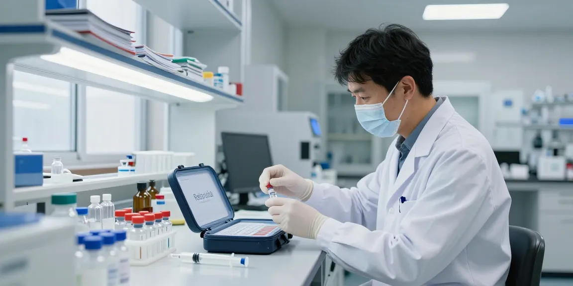 Buy Retatrutide research kits in a modern lab with scientists preparing vials and sterile equipment, emphasizing quality and integrity.