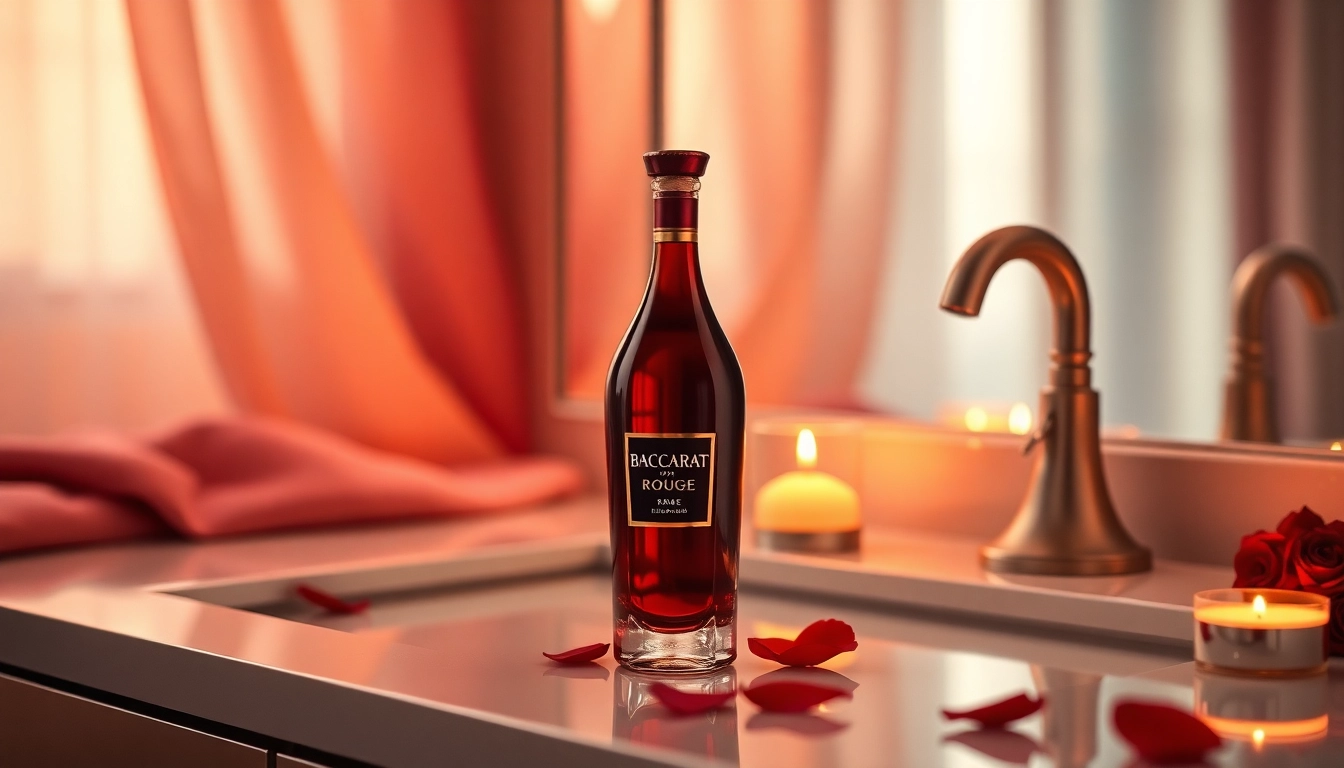Craft a captivating scene with baccarat rouge bottle surrounded by rich colors and warm lighting.