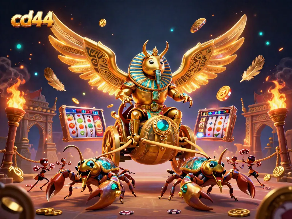Experience the vibrant action of cd44 slots featuring a golden scarab beetle and scorpions amidst coins.