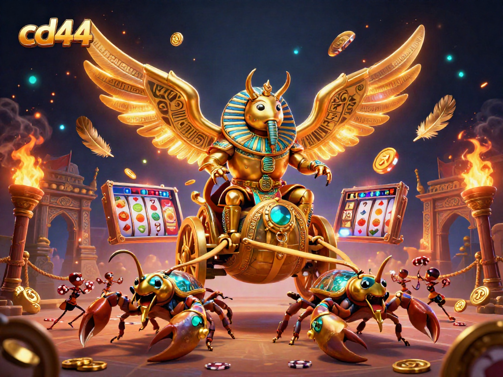 Experience the vibrant action of cd44 slots featuring a golden scarab beetle and scorpions amidst coins.