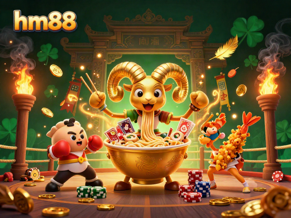 Engage in thrilling gameplay at hm88 with a dynamic 3D casino scene featuring unique characters and vibrant energy.