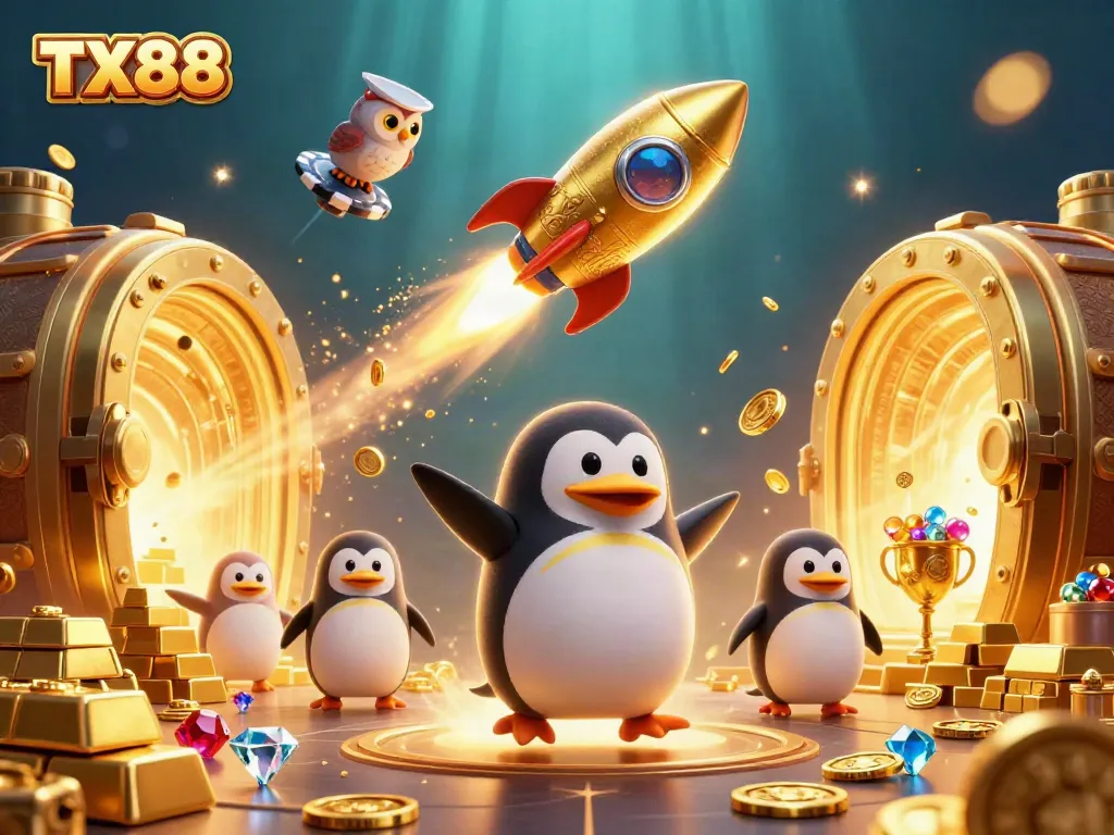 TX88 illuminates the online casino universe with a vibrant 3D illustration of golden treasures and dynamic characters.