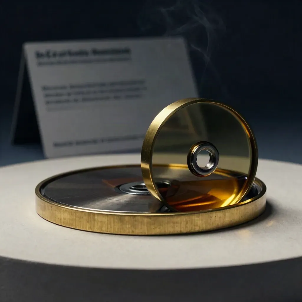 Brass and obsidian oil pack with two aligned discs on pale plaster