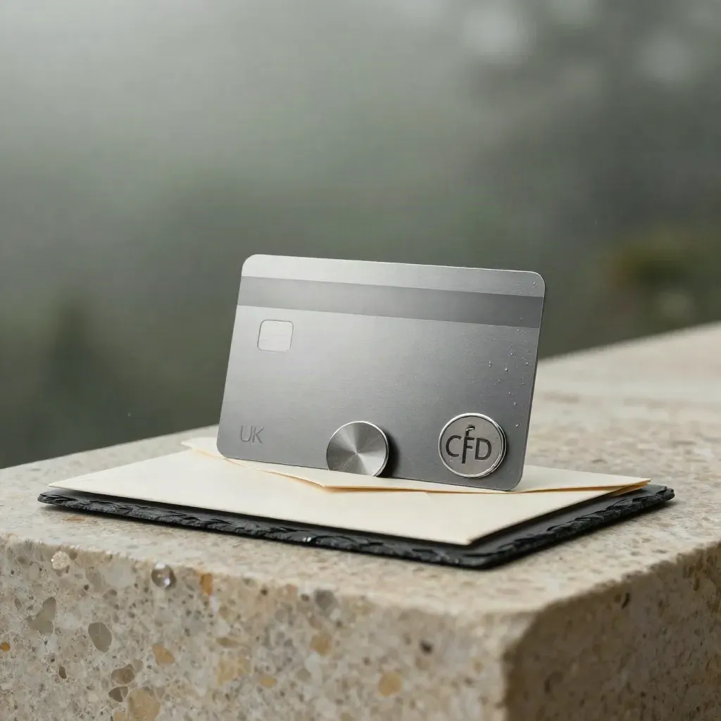 Graphite UK CFD account card on stone plinth with metal token, folio and misty dawn light