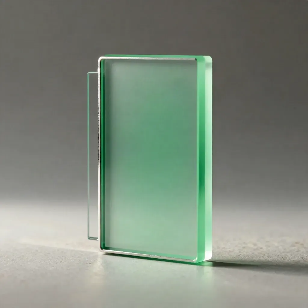 Frosted acrylic forex account block with silver trim and green glow on pale studio plaster.