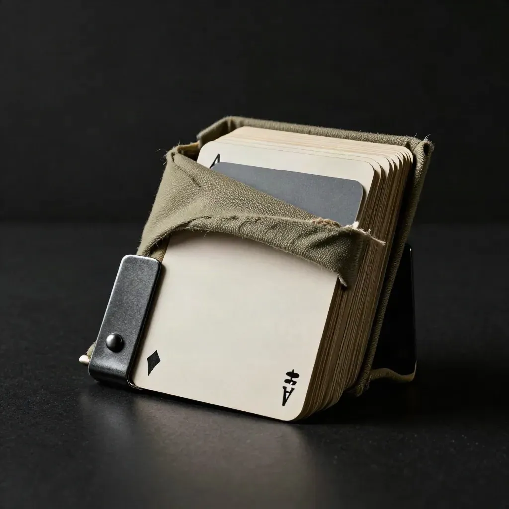 Cream leverage note cards in a linen sleeve, half-buried in folds with a metal clip and moody rim light.