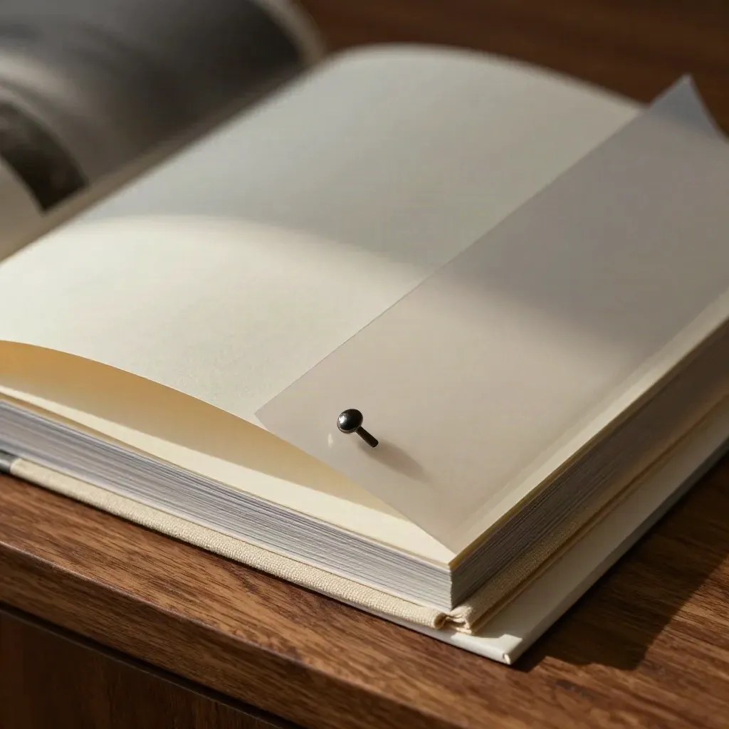 Macro folio bundle with translucent divider, graphite weight and folded cloth on walnut.