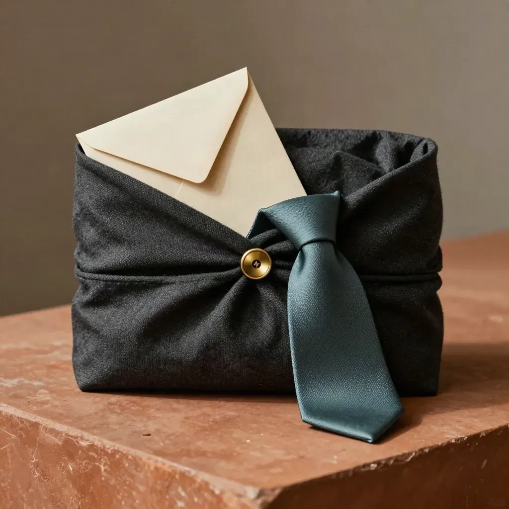 Dark fabric support kit with brass button, card and sealed envelope on terracotta stone.