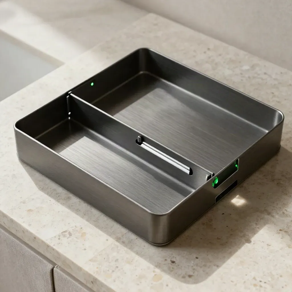 Graphite order-ticket tray on travertine with tabs and a sliding pull card.