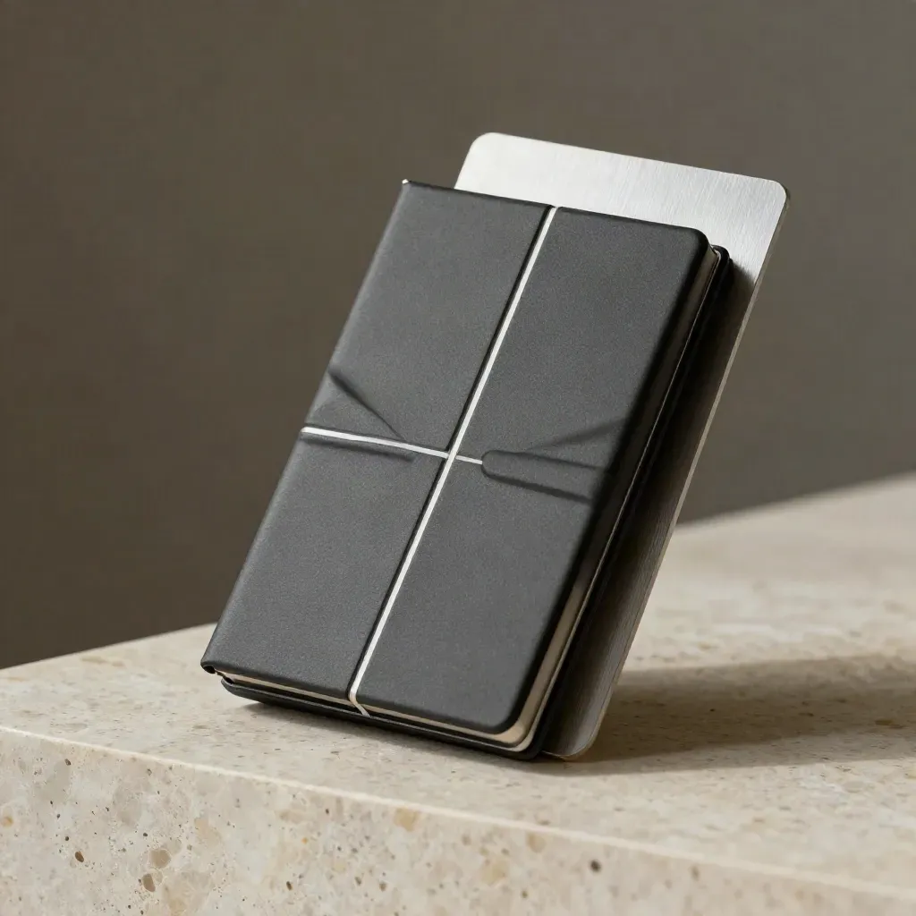 Charcoal CFD pack with silver seam on travertine, lit softly with a blurred stone backdrop.