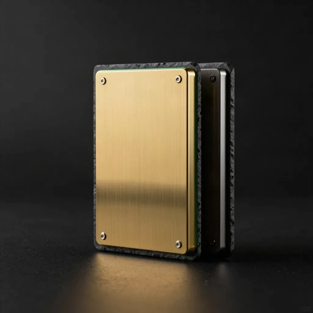 Brass gold CFD pack with slate backing, green edge flare and smoky reflections on black.