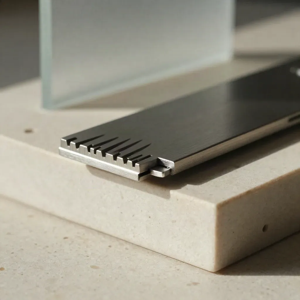 Macro of a brushed order-ticket module with sliding tabs on pale stone.