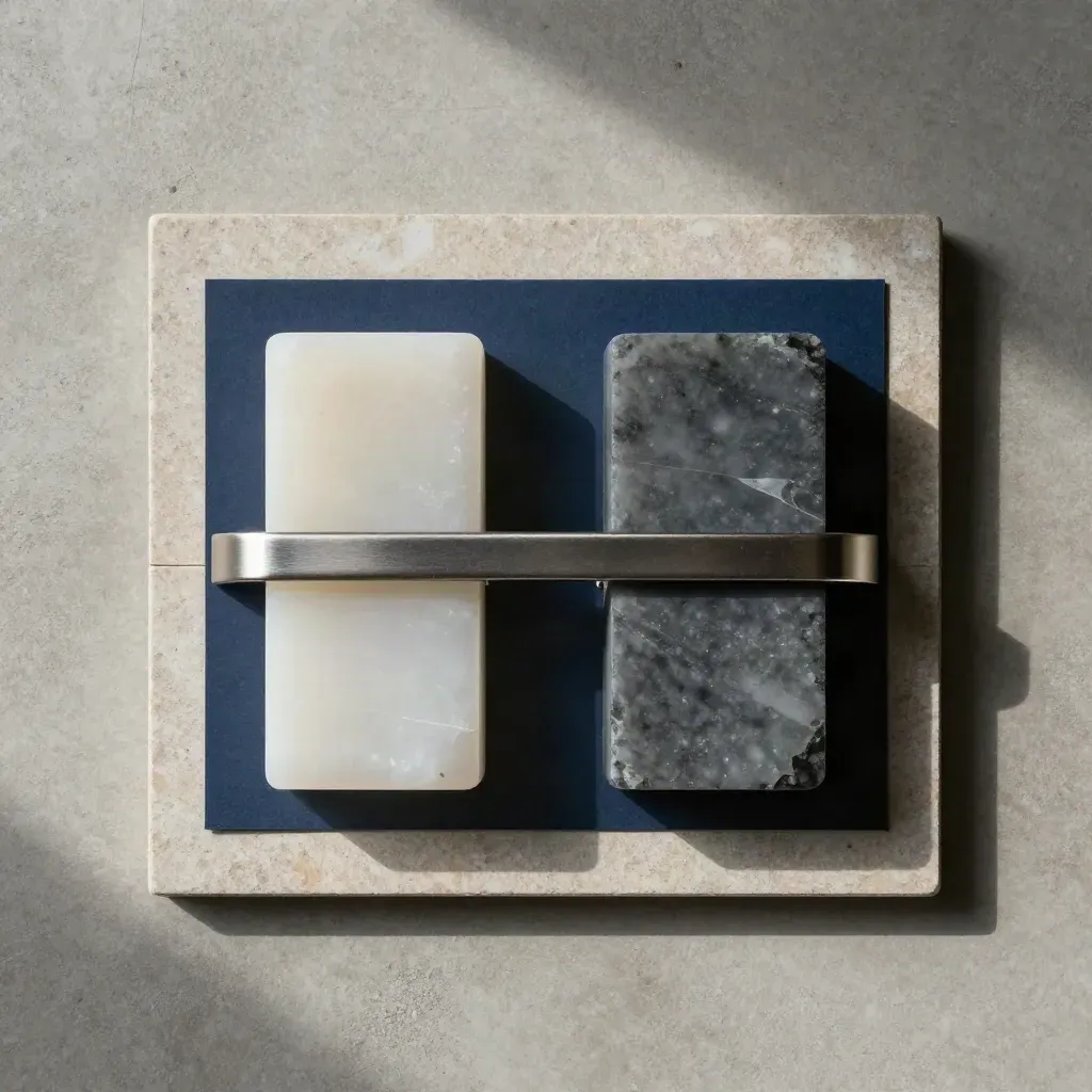 Top-down frosted EUR/GBP FX pack with twin blocks and a navy bridge on pale concrete.