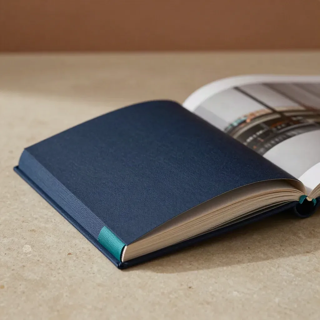 Teal-spined margin basics guide folio opening slightly on warm limestone.