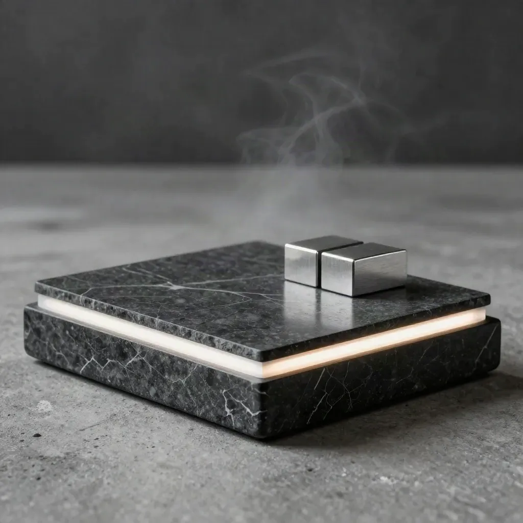 Dark stone chart desk base with glowing slate and two calibrated blocks in mist